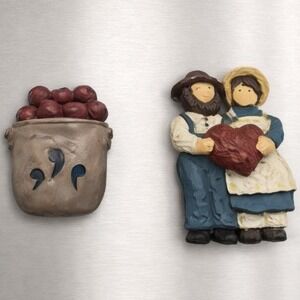 Vintage Resin Magnet Set Man Woman Heart Apple Sack Fridge Magnets